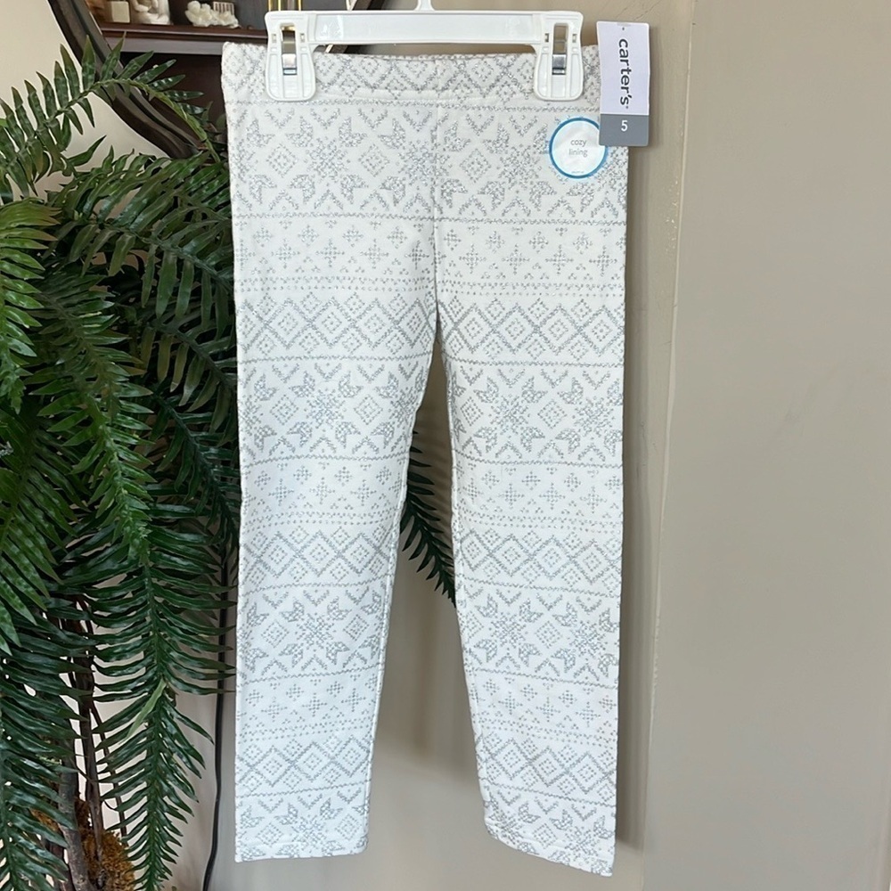 Brand New Carter’s White & Silver Sparkly Snowflake Leggings Cozy Lining